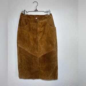 Vintage 90s A’ Maglia Retro Tan Suede Leather Midi Pencil Skirt 12/M Groovy 70s